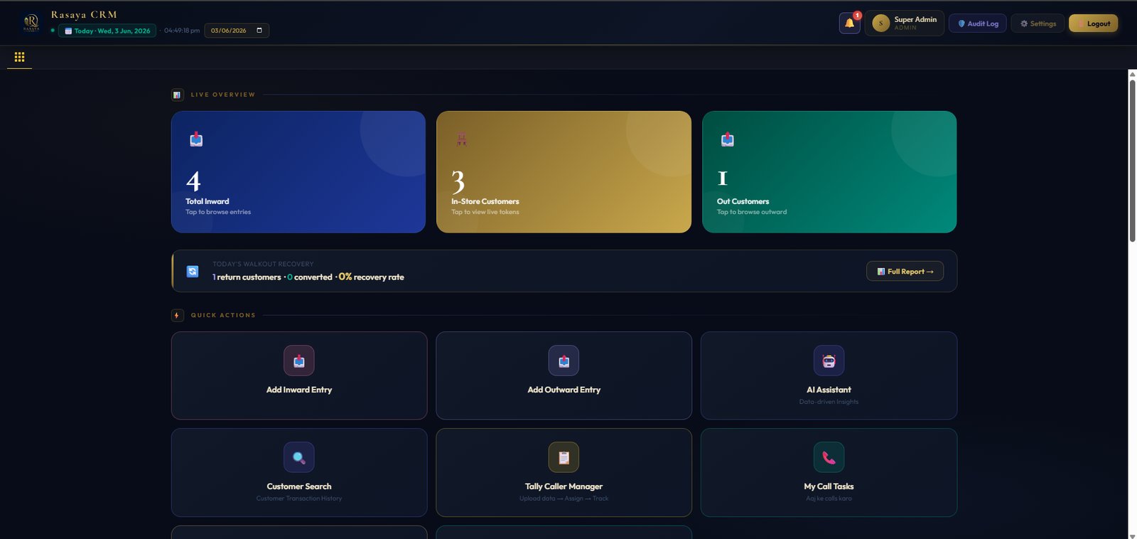 Rasaya CRM Live Dashboard